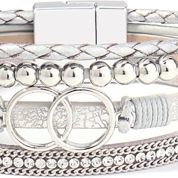 Layered Leather Cuff Bracelet with Magnetic Clasp - Meaningful Infinity Design - Picture 1 of 6